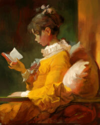 Rule 34 | 1girl, book, brown hair, closed eyes, closed mouth, dress, faux traditional media, frilled shirt collar, frills, from side, hair bun, highres, holding, holding book, long sleeves, nanbo ataru (attall), open book, original, painterly, photoshop (medium), pillow, profile, reading, short hair, sitting, solo, yellow dress