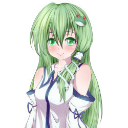 Rule 34 | 1girl, bare shoulders, blush, collarbone, detached sleeves, eyelashes, frog hair ornament, green eyes, green hair, hair ornament, hair tubes, kochiya sanae, long hair, looking at viewer, matching hair/eyes, misumo, simple background, smile, snake hair ornament, solo, touhou, upper body, white background