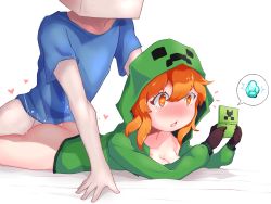 Rule 34 | 1boy, 1girl, absurdres, ass, bed sheet, black gloves, blue shirt, blush, boy on top, breasts, cleavage, collarbone, creeper, diamond (gemstone), game console, gloves, green hoodie, heart, heart-shaped pupils, hetero, highres, hood, hoodie, kalia3see, lying, minecraft, notice lines, on stomach, open mouth, orange eyes, orange hair, sex, sex from behind, shirt, speech bubble, symbol-shaped pupils, white background