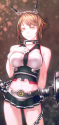 Rule 34 | 10s, 1girl, arm behind back, bad id, bad pixiv id, breasts, brown eyes, brown hair, chain, cowboy shot, gloves, hand on own chest, headgear, highres, kantai collection, large breasts, looking at viewer, machinery, mstm, mutsu (kancolle), navel, short hair, skirt, solo, white gloves