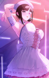 Rule 34 | 1girl, absurdres, armpits, arms behind head, arms up, bandaged arm, bandages, bare shoulders, black eyes, blood, bloody bandages, blunt bangs, blush, breasts, cleavage, collarbone, detached collar, dress, earrings, eyepatch, fingernails, floral background, frilled dress, frills, hallway, hat, heart, heart eyepatch, highres, jewelry, kataku musou, large breasts, looking at viewer, mole, mole on neck, nail polish, nijisanji, nurse, nurse cap, one eye covered, pink nails, pleated dress, short hair, sideboob, smile, solo, strapless, strapless dress, stretching, suzuka utako, tongue, tongue out, virtual youtuber, white background, white dress
