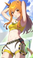 Rule 34 | 1girl, absurdres, animal ears, arm behind head, armpits, arms up, bad id, bad pixiv id, blue sky, blurry, blurry foreground, blush, bow, breasts, brown bow, cloud, commentary request, cowboy shot, crop top, day, ear bow, hair between eyes, hair tie in mouth, highres, horse ears, horse girl, horse tail, leaf, long hair, looking at viewer, mayano top gun (umamusume), medium breasts, midriff, mouth hold, navel, orange eyes, orange hair, outdoors, shirt, short shorts, shorts, sky, solo, sweat, tail, takom, thighs, tying hair, umamusume, white shorts, yellow shirt