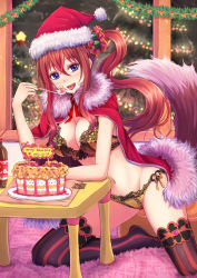Rule 34 | 1girl, animal ears, bikini, blue eyes, blush, bottle, breasts, brown hair, capelet, christmas, christmas tree, cleavage, fake animal ears, food, frilled bikini, frills, fur trim, hair between eyes, hair ornament, hair scrunchie, hat, highres, holding, holding spoon, jewelry, large breasts, long hair, looking at viewer, navel, necklace, open mouth, original, santa costume, santa hat, scrunchie, side ponytail, solo, spoon, suikakitsu shiro, swimsuit, thighhighs, tongue, tongue out, underwear, xia you qing