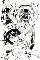 Rule 34 | 3girls, andou (girls und panzer), angry, arms up, bad id, bad twitter id, bandaged arm, bandaged leg, bandages, bat (animal), breasts, commentary, dress, english text, fang, folding fan, frown, girls und panzer, greyscale, grimace, halloween, halloween costume, hand fan, happy halloween, hat, holding, holding brush, holding fan, looking at another, marie (girls und panzer), medium breasts, medium hair, messy hair, monochrome, multiple girls, nurse cap, open mouth, oshida (girls und panzer), paint on clothes, paintbrush, sawamin, scar, scar on face, short dress, short sleeves, skin fang, smile, standing, stitched arm, stitched face, stitched torso, stitches, sweatdrop, torn clothes, torn dress, translated, trembling, witch hat