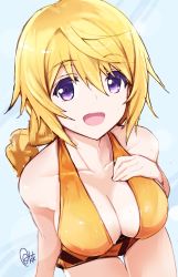 Rule 34 | 1girl, absurdres, azumi akitake, bad id, bad twitter id, bare shoulders, bikini, blonde hair, breasts, charlotte dunois, cleavage, collarbone, from above, hand on own chest, highres, infinite stratos, jewelry, large breasts, long hair, looking at viewer, looking up, purple eyes, smile, solo, swimsuit, third-party edit, wet, wet clothes