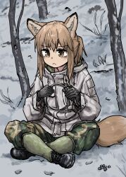 Rule 34 | 1girl, :&lt;, absurdres, animal ears, boots, brown eyes, brown hair, crossed legs, fox ears, fox girl, fox girl (yihan1949), fox tail, gloves, highres, military uniform, on ground, original, pliers, ponytail, snow, solo, tail, tree, uniform, winter clothes, wire, yihan1949