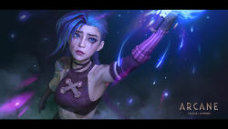 Rule 34 | 1girl, arcane: league of legends, arcane jinx, arm up, bare shoulders, blue eyes, blue hair, english text, highres, holding, jinx (league of legends), league of legends, letterboxed, looking up, simple background, solo, swept bangs, tattoo, tears, twintails, yoha xu