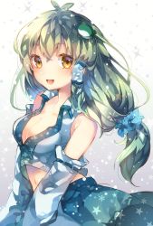 Rule 34 | 1girl, asada sadao, bad id, bad twitter id, blush, breasts, brown eyes, cleavage, crop top, detached sleeves, frog hair ornament, gradient background, green hair, hair ornament, hair tubes, japanese clothes, kochiya sanae, large breasts, long hair, long sleeves, looking at viewer, low-tied long hair, midriff, miko, open mouth, skirt, smile, snake hair ornament, solo, star (symbol), touhou, wide sleeves