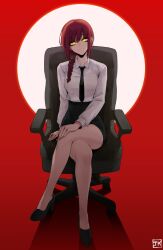 Rule 34 | 1girl, bad id, bad twitter id, black footwear, black necktie, braid, chainsaw man, chair, closed mouth, crossed legs, glowing, glowing eyes, hair over shoulder, head tilt, high heels, highres, j.k., long hair, long sleeves, looking at viewer, makima (chainsaw man), miniskirt, necktie, office chair, ringed eyes, shirt, shoes, sitting, skirt, smile, solo, swivel chair, white shirt, yellow eyes