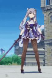 Rule 34 | 1girl, animated, animated gif, ass, bent over, black pantyhose, dress, full body, genshin impact, gloves, high heels, holding, holding weapon, keqing (genshin impact), legs, lowres, official art, pantyhose, purple dress, purple hair, solo, sword, twintails, upskirt, weapon, wind, wind lift