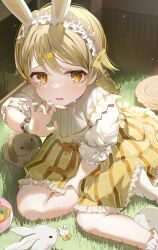 Rule 34 | 1girl, animal ears, black wristband, blonde hair, blush, bow, bowl, brown bow, brown eyes, crying, crying with eyes open, dot nose, dress bow, drill hair, fake animal ears, food, frilled shirt, frilled skirt, frills, hair ribbon, hairband, hand up, highres, idolmaster, idolmaster cinderella girls, idolmaster cinderella girls starlight stage, light brown hair, long hair, looking at viewer, morikubo nono, neck ribbon, ningen mame, on grass, open mouth, rabbit, rabbit ears, ribbon, ringlets, shirt, short sleeves, sitting, skirt, socks, solo, striped clothes, striped skirt, teardrop, tears, tree stump, two-tone skirt, vegetable, white hairband, white headdress, white ribbon, white shirt, white socks, yellow ribbon, yokozuwari