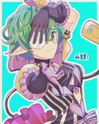 Rule 34 | 1girl, :3, black gloves, black jacket, fuwamoko momen toufu, glasses, gloves, green background, green eyes, green hair, highres, jacket, looking at viewer, necktie, outline, outstretched arm, pandoria (xenoblade), pink necktie, pointy ears, short hair, short sleeves, simple background, smile, solo, upper body, white outline, xenoblade chronicles (series), xenoblade chronicles 2