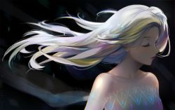 Rule 34 | 1girl, arms at sides, bad id, bad pixiv id, bare shoulders, breasts, close-up, closed eyes, collarbone, commentary, dark background, dress, elsa (frozen), english commentary, expressionless, eyelashes, eyeshadow, floating hair, frozen (disney), frozen ii (disney), glitter, light particles, lips, long hair, long sleeves, makeup, medium breasts, profile, purple eyeshadow, rainry, red lips, shaded face, shiny clothes, solo, sparkle, strapless, strapless dress, twitter username, upper body, white dress, white hair