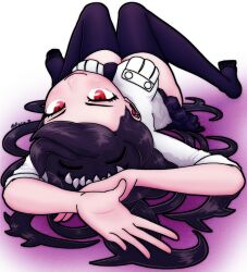 Rule 34 | 1girl, absurdres, black hair, blush, closed eyes, filia (skullgirls), gradient background, highres, knees together feet apart, knees up, long hair, looking at viewer, lying, necktie, on back, pata n, pleated skirt, purple background, red eyes, revision, samson (skullgirls), school uniform, skirt, skullgirls, smile, solo, thighhighs, white background