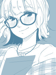 Rule 34 | 1girl, adjusting eyewear, blue background, blush, closed mouth, commentary request, dice necklace, glasses, highres, kashikaze, looking at viewer, medium hair, monochrome, real life, saitou shuka, shirt, single off shoulder, solo, upper body, voice actor