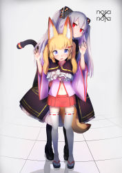 Rule 34 | 2girls, absurdres, animal ear fluff, animal ears, arms up, bell, black dress, black legwear, blonde hair, blue eyes, cat ears, detached sleeves, dress, empty eyes, fake animal ears, fox ears, fox tail, fukutchi, grey hair, hair ornament, hairclip, highres, hug, hug from behind, jingle bell, kemomimi oukoku kokuei housou, long hair, mikoko (kemomimi oukoku kokuei housou), miniskirt, multiple girls, nora cat, nora cat channel, open mouth, own hands together, pantyhose, pink shirt, red eyes, red skirt, sandals, shirt, shoes, skirt, smile, tabi, tail, thighhighs, twintails, two side up, virtual youtuber, white legwear