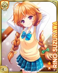 Rule 34 | 1girl, ahoge, arms up, blue bow, bow, bowtie, braid, brown hair, card (medium), character name, closed mouth, day, girlfriend (kari), hair ribbon, indoors, official art, plaid, plaid skirt, pleated skirt, purple eyes, qp:flapper, ribbon, school, school uniform, shoes, skirt, smile, socks, solo, stairs, stairwell, sunset, suzukawa rino, sweater, sweatervest, twin braids, yellow sweater