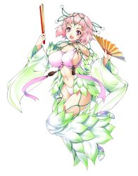 Rule 34 | 1girl, breasts, gen (genetrix), hand fan, happy, highres, large breasts, open mouth, original, pink eyes, pink hair, short hair, sideboob, simple background, solo