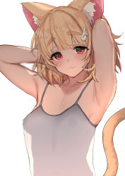 Rule 34 | 1girl, animal ear fluff, animal ears, armpits, arms up, azuse neko, blonde hair, blush, breasts, cat ears, cat tail, grey tank top, hair ornament, kemomimi refle!, medium breasts, medium hair, nekoma karin, nipples, red eyes, see-through, simple background, smile, solo, tail, tank top, thick eyebrows, upper body, virtual youtuber, white background, wing hair ornament