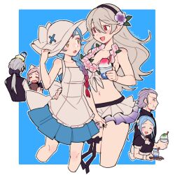 Rule 34 | 2boys, 4girls, alternate costume, ascot, bare shoulders, bikini, bikini skirt, black bow, black dress, black hairband, black shirt, blue background, blue dress, blue hair, blush, border, bow, braid, braided ponytail, brown eyes, closed eyes, corrin (female) (fire emblem), corrin (female) (summer) (fire emblem), corrin (fire emblem), do m kaeru, dress, felicia (fire emblem), fire emblem, fire emblem fates, fire emblem heroes, flora (fire emblem), flower, flower necklace, forehead jewel, gradient hair, grey hair, gunter (fire emblem), hair between eyes, hair bow, hair flower, hair ornament, hairband, hat, holding, holding tray, jakob (fire emblem), jewelry, lilith (fire emblem), long hair, looking at another, maid, multicolored hair, multiple boys, multiple girls, navel, necklace, nintendo, official alternate costume, open mouth, outside border, pink flower, pink hair, pointy ears, ponytail, profile, purple eyes, purple flower, purple hair, red eyes, red hair, shirt, siblings, signature, simple background, sisters, skirt, smile, stomach, strapless, strapless dress, swimsuit, thigh strap, tray, twins, twintails, two-tone hair, white ascot, white bikini, white border, white bow, white headwear, white skirt