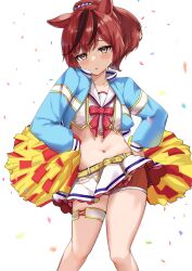 Rule 34 | 1girl, absurdres, animal ears, bandeau, blue jacket, blush, bow, breasts, brown eyes, cheerleader, commentary request, confetti, cropped jacket, feet out of frame, hands on own hips, highres, horse ears, horse girl, jacket, long sleeves, looking at viewer, medium hair, midriff, miniskirt, miyama mizuki (hoshihoshi1220), navel, nice nature (run&amp;win) (umamusume), nice nature (umamusume), official alternate costume, open clothes, open jacket, orange shorts, parted lips, pom pom (cheerleading), ponytail, red bow, red hair, shorts, skirt, small breasts, solo, strap, thigh strap, umamusume, white background, white bandeau, white skirt