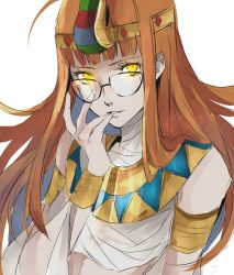 Rule 34 | 1girl, arm up, armlet, bare shoulders, black-framed eyewear, breasts, commentary, egyptian clothes, english commentary, glasses, glowing, glowing eyes, headband, highres, jewelry, lips, long hair, looking at viewer, medium breasts, midriff, mummy, orange hair, persona, persona 5, pertex 777, sakura futaba, shadow (persona), shadow futaba, simple background, solo, upper body, white background, yellow eyes