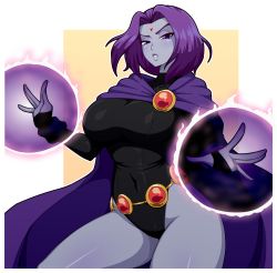 Rule 34 | 1girl, absurdres, bare hips, black leotard, blue cloak, breasts, cape, cloak, colored skin, curvy, dc comics, forehead jewel, grey skin, highres, large breasts, leotard, looking at viewer, purple eyes, purple hair, raven (dc), simmsy, solo, teen titans, thick thighs, thighs