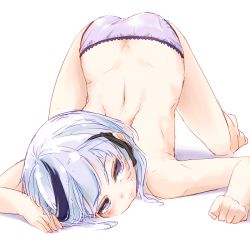 Rule 34 | 1girl, ass, black hair, borrowed character, highres, hourai kochou, kinukawa chinatsu, light purple hair, looking at viewer, lying, multicolored hair, original, panties, purple eyes, purple panties, simple background, sketch, solo, streaked hair, top-down bottom-up, topless, underwear, underwear only, white background