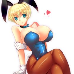 Rule 34 | 1girl, animal ears, bare shoulders, blonde hair, blue eyes, breasts, brown pantyhose, cleavage, crossed legs, fake animal ears, gloves, hairband, heart, huge breasts, leotard, neck ribbon, original, pantyhose, playboy bunny, rabbit ears, rabbit tail, ribbon, short hair, sitting, smile, solo, tail, transparent background, white gloves, yaoto