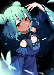 Rule 34 | 1girl, absurdres, animal print, bad id, bad pixiv id, bare shoulders, blush, bow, breasts, brooch, bug, butterfly, butterfly print, detached collar, detached sleeves, double bun, dress, earrings, frilled dress, frills, glowing, green hair, hair bun, hair ribbon, hand up, highres, hololive, hololive fantasy, insect, jewelry, looking at viewer, open mouth, red eyes, ribbon, short eyebrows, short hair, sidelocks, skull earrings, solo, strapless, strapless dress, uruha rushia, uruha rushia (1st costume), useq1067, virtual youtuber, wide sleeves