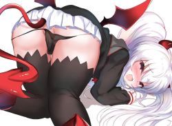 Rule 34 | 1girl, all fours, ass, bad id, bad pixiv id, black panties, black thighhighs, blush, demon girl, demon horns, demon tail, demon wings, grim aloe, horns, long hair, looking at viewer, panties, quiz magic academy, red eyes, red horns, red wings, skirt, solo, tail, thighhighs, twintails, underwear, very long hair, white background, white hair, white skirt, wings, yinpa (wanone500511)