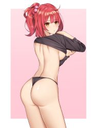 Rule 34 | 1girl, ahoge, ass, back, bare back, bare hips, black nails, black panties, black shirt, blush, breasts, clothes lift, from behind, girls&#039; frontline, hair bobbles, hair ornament, highres, large breasts, lifted by self, long sleeves, looking at viewer, looking back, medium hair, mp7 (girls&#039; frontline), nail polish, no pants, outside border, panties, pink background, ponytail, red hair, shirt, shirt lift, sideboob, solo, standing, thong, underwear, undressing, white background, yellow eyes, yp7 (vvy)