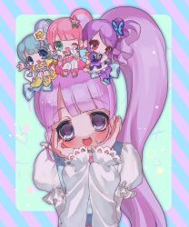 Rule 34 | 4girls, :d, blue eyes, blue hair, blunt bangs, blush, butterfly hair ornament, closed mouth, commentary request, flower, full body, green eyes, hair bun, hair flower, hair ornament, hands on own cheeks, hands on own face, hands up, highres, junon (pripara), kanon (pripara), long hair, long sleeves, looking at viewer, manaka non, mini person, minigirl, multicolored hair, multiple girls, on head, one eye closed, open mouth, outside border, pink flower, pink hair, pinon (pripara), pretty series, pripara, purple eyes, purple hair, red eyes, shirt, side ponytail, sidelocks, single side bun, sitting, smile, star (symbol), streaked hair, upper body, white shirt, yuiitsu