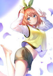 Rule 34 | 1girl, arms up, bare legs, barefoot, blue eyes, blush, breasts, brown shorts, closed mouth, commentary request, double v, from side, go-toubun no hanayome, green hairband, green ribbon, hair ribbon, hairband, highres, long sleeves, looking at viewer, looking to the side, medium breasts, midriff peek, nakano yotsuba, navel, orange hair, petals, ribbon, shirt, short hair, short shorts, shorts, simple background, smile, solo, sweater vest, v, white background, white shirt, yk (pixiv43531291)