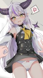 Rule 34 | 1girl, absurdres, ahoge, anger vein, bare shoulders, braid, braided bangs, collared dress, detached sleeves, dress, fang, grey hair, highres, hololive, horns, la+ darknesss, la+ darknesss (1st costume), masaharu21, multicolored hair, necktie, non-web source, panties, pointy ears, purple hair, skin fang, streaked hair, striped horns, tail, underwear, virtual youtuber, yellow eyes, yellow necktie
