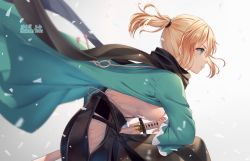 Rule 34 | 1girl, artist name, black hakama, black scarf, blonde hair, breasts, closed mouth, commentary request, fate/grand order, fate (series), from side, gradient background, green eyes, grey background, hakama, hakama skirt, hakuda tofu, hand on sheath, haori, hip vent, japanese clothes, katana, kimono, long sleeves, medium breasts, okita souji (fate), okita souji (koha-ace), open clothes, profile, scarf, sheath, sheathed, short hair, short ponytail, skirt, solo, sword, v-shaped eyebrows, weapon, white kimono