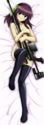 Rule 34 | 10s, 1girl, absurdres, angel beats!, artist request, black thighhighs, bolt action, bow, breasts, cheytac m-200 intervention, cleavage, covering privates, covering breasts, dakimakura (medium), full body, green eyes, gun, hair bow, hairband, highres, lying, non-web source, nude, nude cover, official art, on back, purple hair, rifle, sniper rifle, solo, thighhighs, weapon, yuri (angel beats!)