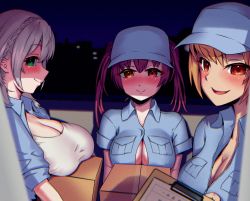Rule 34 | 3girls, blush, box, braid, breast rest, breasts, bursting breasts, cardboard box, chromatic aberration, cleavage, clipboard, closed mouth, commentary request, crown braid, green eyes, grey hair, hat, highres, hololive, houshou marine, large breasts, multiple girls, night, open mouth, orange eyes, orange hair, otk, red eyes, red hair, shiranui flare, shirogane noel, smile, twintails, virtual youtuber