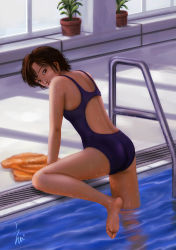 Rule 34 | 1girl, absurdres, artist name, ass, barefoot, brown eyes, brown hair, competition swimsuit, ebi (eeotoko), feet, highres, indoors, ladder, looking at viewer, one-piece swimsuit, original, plant, pool, pool ladder, poolside, potted plant, school swimsuit, short hair, signature, soles, solo, swimsuit, towel, water, wet, window
