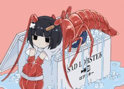 Rule 34 | 1girl, absurdres, antennae, bandaid, bandaid hair ornament, black hair, blue skirt, blunt bangs, blunt ends, closed mouth, commentary, cooler, crying, english commentary, english text, full body, hair ornament, highres, ice, lobster costume, melonbread, pink background, pleated skirt, sad, shirt, short hair, short sleeves, skirt, solid eyes, solo, water, white shirt, x hair ornament