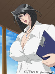 Rule 34 | 1girl, bakunyuu bomb, black hair, breasts, brown eyes, huge breasts, lowres, nipples, teacher, wakatsuki risa