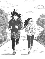 Rule 34 | 1boy, 1girl, alternate costume, arms at sides, black eyes, black hair, black leggings, bush, chi-chi (dragon ball), chi (cmon 57), clenched hands, closed mouth, cloud, cloudy sky, collared jacket, dragon ball, drawstring, expressionless, eyelashes, floating hair, greyscale, hair between eyes, hair slicked back, hair strand, happy, height difference, high collar, highres, hood, hood down, hoodie, jacket, jogging, leggings, looking afar, looking at another, monochrome, mountainous horizon, open mouth, outdoors, path, ponytail, road, shadow, shoes, shorts, side-by-side, sideways glance, sky, sneakers, son goku, spiked hair, tree