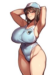 Rule 34 | 1girl, absurdres, armpits, breasts, brown hair, cleavage, covered navel, girls und panzer, highres, huge breasts, legs, long hair, mika (girls und panzer), nikuatsu magician shinbo, one-piece swimsuit, seductive smile, smile, swimsuit, thick thighs, thighs
