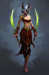 Rule 34 | 1girl, barefoot, blindfold, blood elf (warcraft), breasts, closed mouth, colored skin, demon hunter (warcraft), dual wielding, earrings, elf, expressionless, fantasy, full body, gradient background, grey background, holding, holding sword, holding weapon, horns, imdrunkontea, jewelry, markings, navel, original, pointy ears, red skin, reverse grip, short hair, small breasts, solo, standing, strapless, sword, torn clothes, torn legwear, tube top, vambraces, warcraft, weapon, white hair, world of warcraft