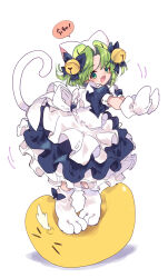 Rule 34 | 1girl, animal ear headwear, animal ears, apron, bell, bow, cat ears, cat girl, cat tail, dejiko, di gi charat, dress, fake animal ears, fake tail, fang, frilled apron, frilled dress, frills, full body, gema, green eyes, green hair, hair bell, hair between eyes, hair bow, hair ornament, hamayumiba sou, highres, long dress, looking at viewer, maid, maid apron, open mouth, outstretched arms, parted bangs, paw shoes, puffy short sleeves, puffy sleeves, short hair, short sleeves, smile, tail, white apron, white footwear, white glint