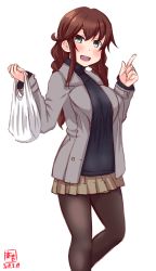 Rule 34 | 1girl, alternate costume, bag, black pantyhose, black sweater, blazer, braid, brown hair, commentary request, dated, green eyes, grey blazer, grey skirt, highres, index finger raised, jacket, kanon (kurogane knights), kantai collection, noshiro (kancolle), open mouth, pantyhose, plastic bag, pleated skirt, simple background, skirt, smile, solo, standing, standing on one leg, sweater, swept bangs, twin braids, twitter username, white background