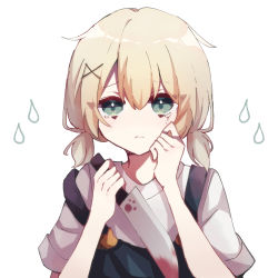 Rule 34 | 1boy, blonde hair, blood, bloody knife, bloody weapon, blue eyes, cat button, crying, crying with eyes open, frown, hair ornament, hairclip, hand on own cheek, hand on own face, highres, holding, holding knife, kitsunemiyoru, knife, looking at viewer, low twintails, male focus, original, overalls, shirt, short hair, short sleeves, solo, strap slip, t-shirt, tears, trap, twintails, weapon, x hair ornament
