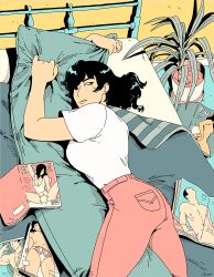 Rule 34 | 1girl, ;(, bed, bed sheet, black hair, body pillow, choo, dithering, ear piercing, feet out of frame, flower, flower pot, highres, holding, holding pillow, indoors, looking away, lying, magazine (object), medium hair, on bed, original, pants, piercing, pillow, pink pants, shirt, signature, solo, white shirt