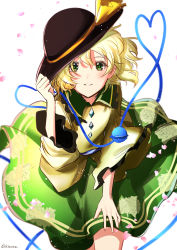 Rule 34 | 1girl, absurdres, black hat, blonde hair, blouse, blush, breasts, commentary request, cowboy shot, ekisutora, eyeball, floating hair, floral print, frilled shirt collar, frills, green eyes, green skirt, hair between eyes, hand on headwear, hand up, hat, hat ribbon, heart, heart of string, highres, komeiji koishi, leaning forward, long sleeves, looking at viewer, one-hour drawing challenge, parted lips, petals, ribbon, shirt, short hair, simple background, skirt, small breasts, smile, solo, standing, third eye, tilted headwear, touhou, white background, wide sleeves, yellow ribbon, yellow shirt