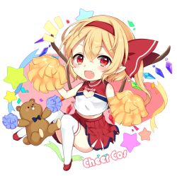 Rule 34 | 1girl, blonde hair, cheering, cheerleader, fang, flandre scarlet, hair ribbon, looking at viewer, open mouth, paragasu (parags112), pom pom (cheerleading), red eyes, ribbon, shirt, side ponytail, skirt, smile, solo, star (symbol), stuffed animal, stuffed toy, teddy bear, thighhighs, touhou, white thighhighs, wings